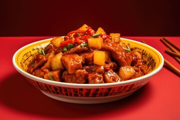 Wall Mural - Experience the Irresistible Flavors of Chinese Cuisine with Sweet and Sour Pork, a Delectable Dish Featuring Tender Pork, Pineapple, and Salsa

