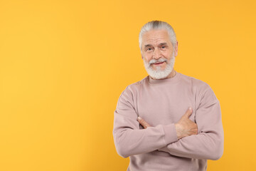 Wall Mural - Portrait of handsome senior man on orange background. Space for text