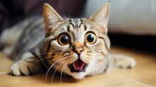 Surprised Cat Make Big Eyes. American Shorthair Surprised Cat Or Kitten Funny Face Big Eyes, Cute, Domestic, Kitten, Feline, Emotional Surprised, Kitty, Wow.