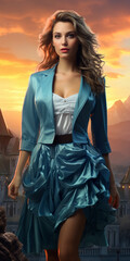 Poster - Lady in Cyan Skirt Embracing the Beauty of the Sky at Sunrise or Sunset