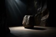 Dark stone stand with sunlight casting shadow for item presentation against rocky backdrop. Generative AI