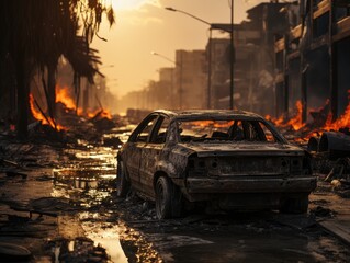 Wall Mural - illustration of charred car in destroy city by hitting missile chaos war situation