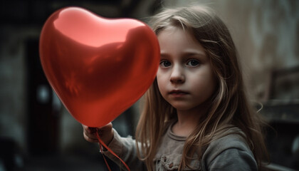 Poster - Cute Caucasian girl smiling with heart shaped balloon, celebrating joyfully indoors generated by AI