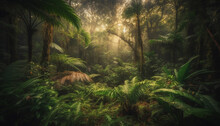 Lush Green Forest, Tropical Rainforest, Tranquil Scene, Palm Tree, Sunlight Generated By AI