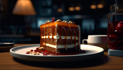 Sticker - Sweet food on plate  gourmet chocolate cake with decoration and cream generated by AI