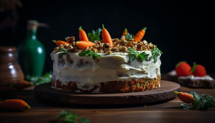 Wall Mural - Freshness and homemade gourmet dessert, a slice of sweet carrot cake generated by AI