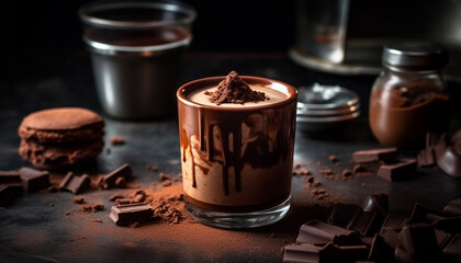 Poster - Dark chocolate dessert on a wooden table with hot coffee generated by AI