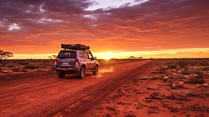 Australia red sand unpaved road and 4x4 at sunset Francoise Peron Shark Bay