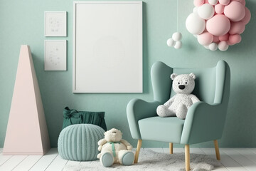 Wall Mural - Cute living room chair with mockup frame,. Generative AI