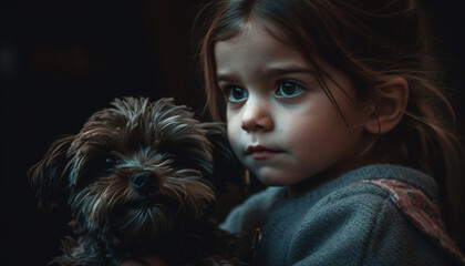 Poster - Cute small dog, portrait of a child with her puppy generated by AI