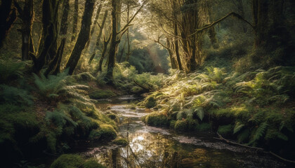 Canvas Print - Tranquil scene of a wet autumn forest, green leaves glisten generated by AI