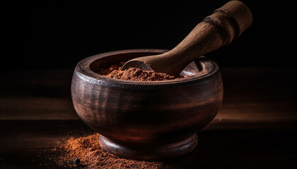 Canvas Print - Aromatic spices ground in an old wooden mortar and pestle generated by AI