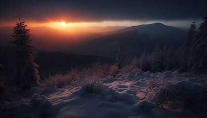 Wall Mural - Majestic mountain peak, frozen in winter, a tranquil snowy landscape generated by AI