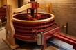 Traditional winepress with red must and helical screw for filtering grape must. Generative AI