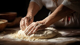 Fototapeta  - Hands of an elderly woman making dough to bake bread, pies, and pastries. Traditional cuisine.