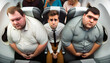 Skinny man is sandwiched and cramped between two big men on plane, taking up his personal space