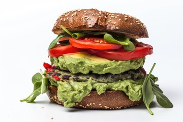 Wall Mural - The Gourmet Experience Burger - A Vegan Delight: An Extreme Close-Up Revealing a Vegan Patty, Goat Cheese, Roasted Red Peppers, Spinach, and Creamy Avocado Spread, Isolated on a White Background


