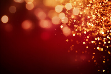 Abstract festive background with shimmering gold particles and twinkling lights and bokeh effect on a red background.