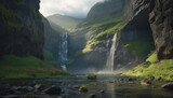 Fototapeta Natura - Majestic mountain range, flowing water, tranquil scene, natural beauty, adventure generated by AI