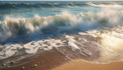 Poster - Sunset over the wet sand, waves breaking in a tropical paradise generated by AI