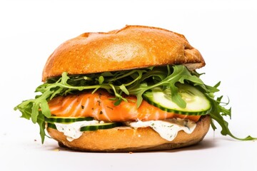 Poster - Close-Up of The Gourmet Experience Burger: Featuring a Succulent Salmon Patty, Lemon-Dill Mayo, Crisp Cucumber Slices, and Fresh Watercress on a Whole Wheat Roll, Isolated on a White Background