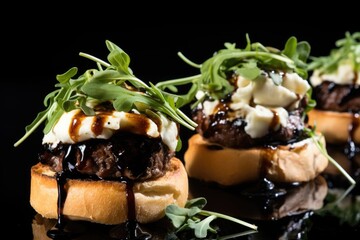 Wall Mural - Burger: Mini Angus Beef Sliders with Creamy Goat Cheese, Fresh Arugula, and Balsamic Glaze, All Nestled on Toasted Brioche Buns, Set in Pristine Isolation on a black Background