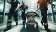 Detailed shot in a brightly lit hospital hallway. Paramedics, with contrasting skin tones, move at a brisk pace, pushing a stretcher with determination