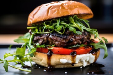 Wall Mural - The Gourmet Experience Burger: Wagyu Beef, Creamy Goat Cheese, Roasted Red Peppers, Fresh Arugula, and Balsamic Glaze, Captured in an Extreme Close-Up, Isolated on a Crisp black Background