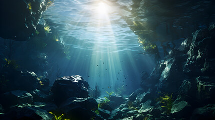 sunlit underwater cave, a mesmerizing aquatic lair illuminated by sunlight