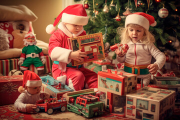 Wall Mural - Step into a Nostalgic Christmas Morning in the 60s: Children Surrounded by an Array of Retro Toys, Embracing the Magic of Yesteryears' Holiday Season

