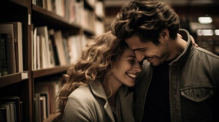 Wall Mural - Young couple hugs each other in a library