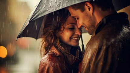 Wall Mural - Under a shared umbrella during a city downpour, a couple finds warmth in each other's embrace, the rain amplifying their laughter and smiles.