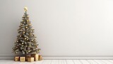 Fototapeta Panele - Christmas tree in living room on empty light white wall with copy space, generative ai