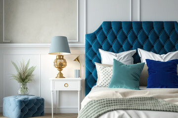 Wall Mural - a bed with a blue velvet upholstered chair, a blue upholstered headboard with blue and white cushions, and a lamp on the bedside table. Generative AI