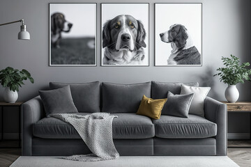 Dog posters on grey wall of bright living room with comfortable grey couch and pillows, real photo with copy space. Generative AI