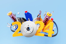 3d Illustration Design Happy New Year 2024 With Auto Parts For Auto Mechanic Service Concept Isolated On Blue Background.