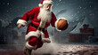 Santa Claus is playing basketball on a local court