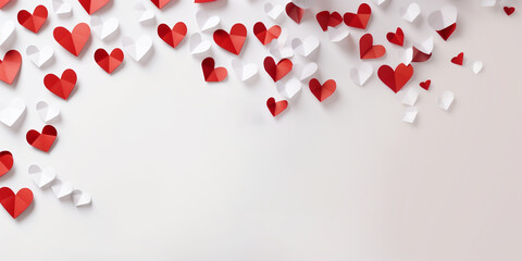 Framing border with romantic ornament with white and red folding paper in heart shape are arranged around empty picture frame on white background backdrop and copy space. Mock up for Valentine's Day.