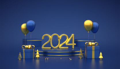 Wall Mural - Happy New 2024 Year. 3D Golden metallic numbers 2024 on blue stage podium. Scene platforms with gift boxes and golden metallic pine, spruce trees and festive helium balloons. Vector illustration.