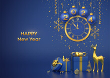 Happy New 2024 Year. Merry Christmas Card. Blue Christmas Bauble Balls With Gold Numbers 2024, Snowflakes. Watch With Roman Numeral Countdown Midnight. Gift Box, Gold Deer, Fir, Spruce Trees. Vector.