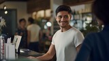 Fototapeta  - A young Latino man and woman working in a cafe are having a pleasant conversation. generative AI