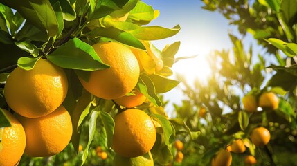 Sticker - Orange garden with ripening orange fruits on the trees with green leaves, natural and food background