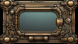 rectangular frame in steampunk style with a white background. Ornate frame, with steampunk aesthetics. Gears, clockwork elements, rivets, dials, fantasy