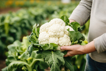 Wall Mural - Close-up of a farmers hands holding ripe cauliflower
