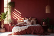 Gorgeous modern boho bedroom with natural shadows cast by tropical leaves and early sunlight on the earthy red wall of Morocco. Interior, Design, White Space, Maroon. Generative AI