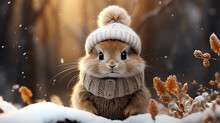 Adorable Bunny Wearing Knitted Hat And Sweater In The Winter Snow