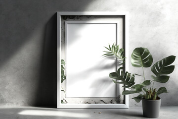 Wall Mural - - a shadowed concrete wall with an empty photo frame. Minimal photo/poster frame mockup. Generative AI