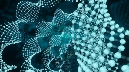 Poster - Spinning dotted spiral shapes on a black background. Design. Blue DNA structure.