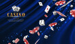 Online casino vector banner. On velvet blue background. with playing cards, chips and dice.