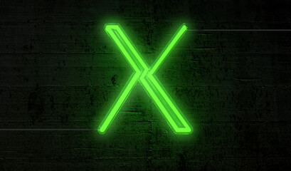 Wall Mural - Bright neon letter 'X' on a background of black bricks, projecting an electrifying aura.